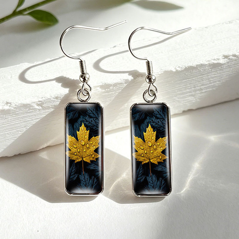 Golden Maple Leaf Stainless Steel Rectangular Drop Earrings